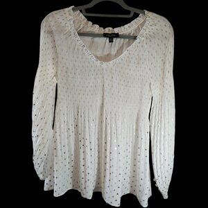 MELISSA PAIGE WHITE SILVER LONG SLEEVE TOP SHIMMER METALLIC SIZE SMALL RELAXED